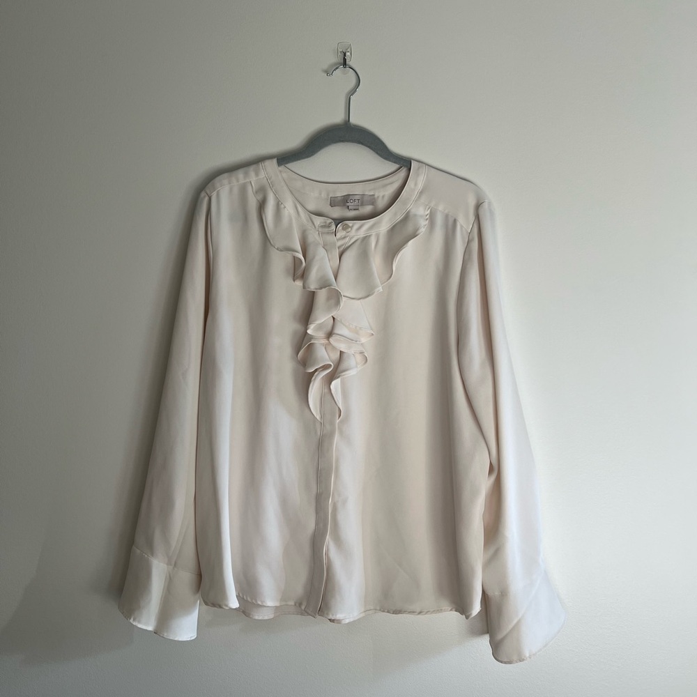 LOFT Cream Blouse with Ruffle Accent